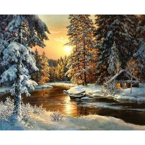 RICUVED DIY Winter Malen nach Zahlen für Erwachsene -Natur Malen nach Zahlen 40x50cm Leinwand-Set ohne Rahmen mit Acrylfarben 3 Pinseln Metallhaken - Perfekt für Anfänger Kunstliebhaber