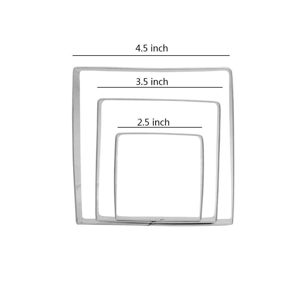 Large Square Cookie Cutter Set - 4.5”,3.5”,2.5” - 3 Piece - Stainless Steel