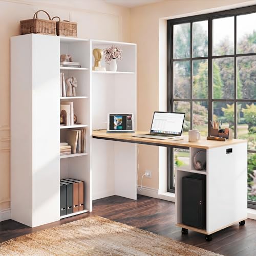 Kelodan Escritorio plegable con estantes, estantería 2 en 1, con toma de corriente y puerto USB, estantes ajustables en altura, protección antivuelco, color blanco, escritorio esquinero izquierdo