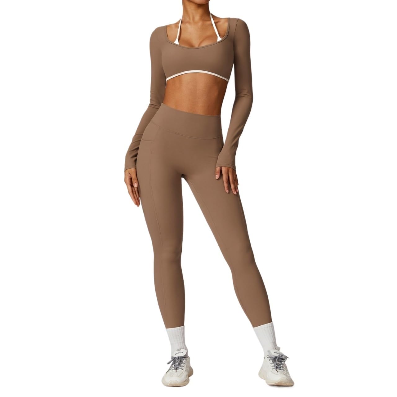KM Damski dres do jogi, zestaw, trening, odzież sportowa, odzież na siłownię, fitness, długi rękaw, krótki top, legginsy z wysokim stanem, garnitury sportowe