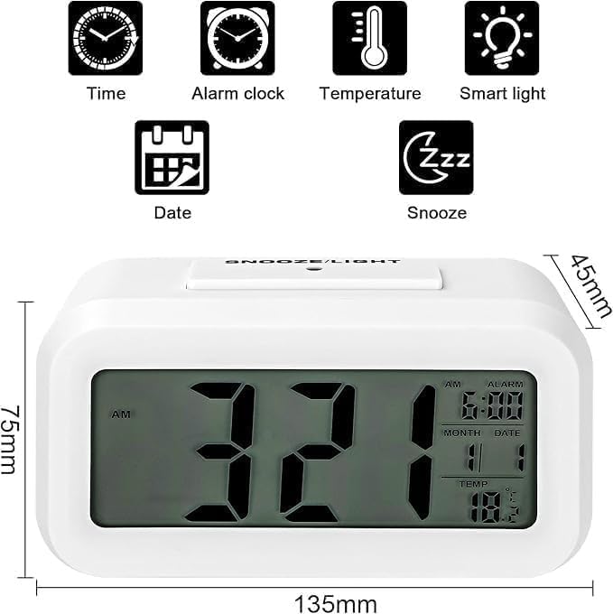 xyno Digital Alarm Clock for Kids & Adults | Battery Operated Clock with Night Light & Indoor Temperature Display | Compact Bedside Table Clock with Cute Funny Box (White) 4