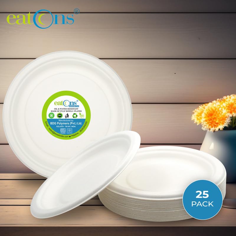 Image of EATONS 10 inch, 25 Pack Disposable Bagasse Plates | Eco-Friendly, Disposable Plates Big Size | Dinner Paper Plates | Birthday, Wedding & Party | Round, White