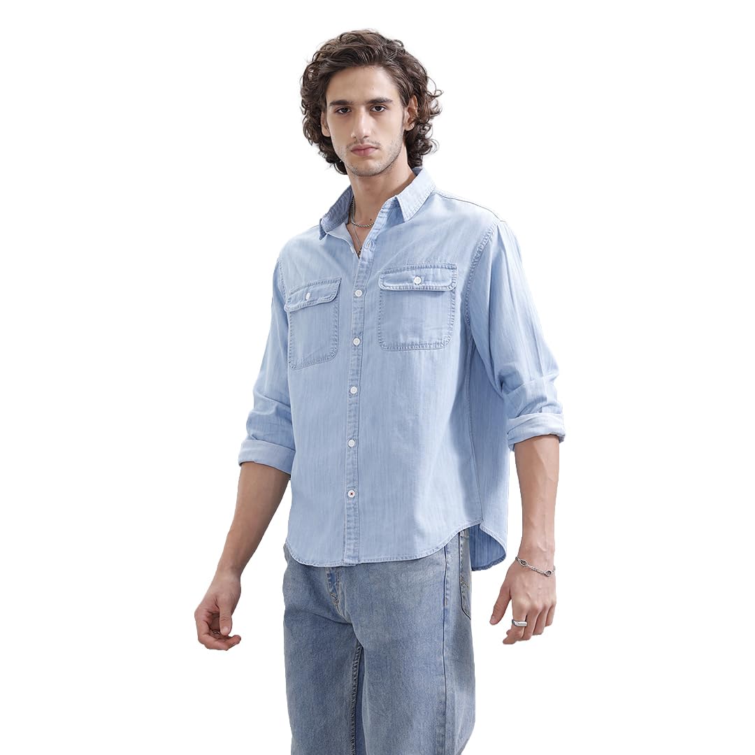 wrogn Men's Comfort Fit Double Pocket Shirt | Blue Casual Shirt-picture-38