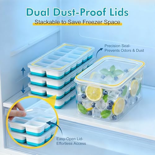 NFK Ice Cube Tray with Lid & Bin - 4 Pack 48 Cubes Stackable Silicone Trays for Freezer with Storage Container, Leak-Proof Lids, BPA-Free, Easy Release for Kitchen, RV, Party, Cocktail & Coffee - 3