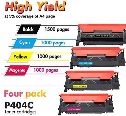 4 Pack CLT-P404C P404C K404S for Samsung C430w Toner Cartridge Xpress SL C480w C480fw C430 C480 C43x C48x C480fn C483w CLT-K404S CLT-C404S CLT-M404S CLT-Y404S Black Cyan Yellow Magenta