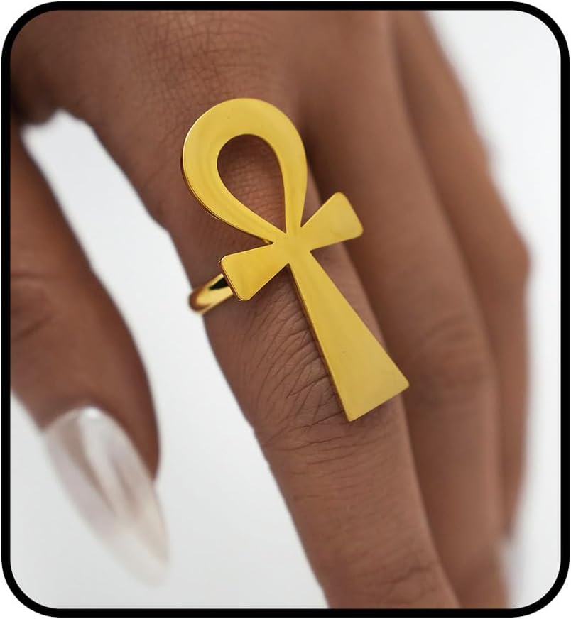 Ankh Cross Ring for Women Men, Egyptian Symbol Adjustable Ring Gold Silver Stainless Steel Statement Jewelry, Gothic Punk Unisex Cross Trendy Fashion Jewelry Gift
