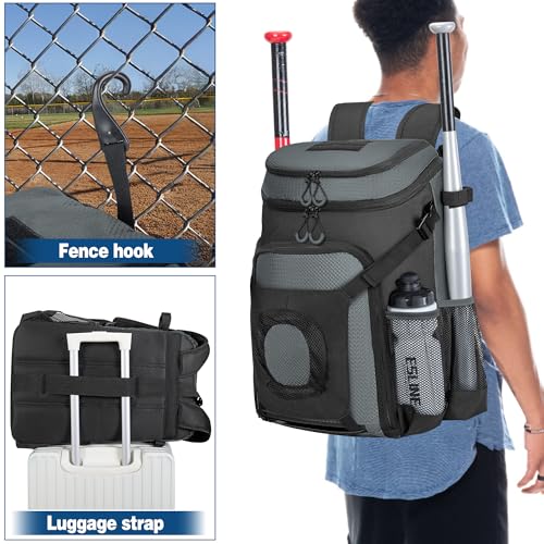 Smasrob Baseball Bag for Adult and Youth, Baseball Backpack Softball Bag with Helmet Holder, Shoe Compartment and Fence Hook, Gray