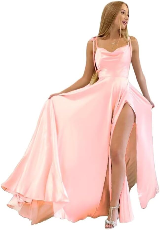 FOOHJMH Long Bridesmaid Dress for Wedding Satin Prom Dresses Lace Up Evening Party Gowns