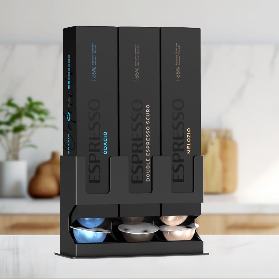 Image of GALVANOX Holder for Nespresso Vertuo Pods Countertop Dispenser Stand, Holds 3 Box Sleeves - Easily Dispenses 3 Coffee Flavors, Freestanding Design with Non-Slip Steel Base, (30 Vertuoline Pods)