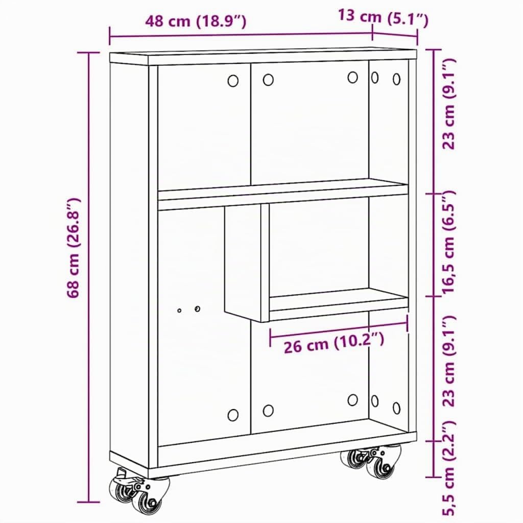 vidaXL Carrito de almacenaje Estrecho Madera Roble artisian 48x13x68cm, Carrito de Almacenamiento Delgado, Carro de Cocina con Ruedas, Carro de Almacenamiento con Ruedas