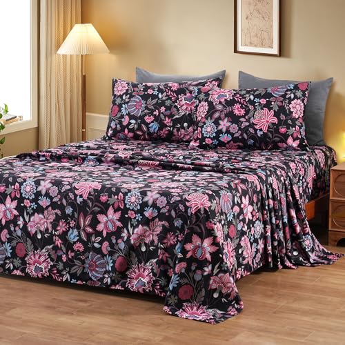 Image of Bedlifes Floral Pattern Bed Sheet Set Queen Size, 16 inch Deep Pocket 4PCS | Ultra Soft Microfiber, Breathable & Silky, OEKO-TEX Certified, Easy-Care Machine Washable, 4PCS, All-Season Spring Bedding
