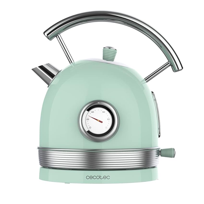 Immagine del prodotto Cecotec Bollitore elettrico ThermoSense 420 Light Green. 1,8 litri di capacità, 2200 W, misuratore di temperatura, base 360°, acciaio inox, stile vintage, verde, 01483