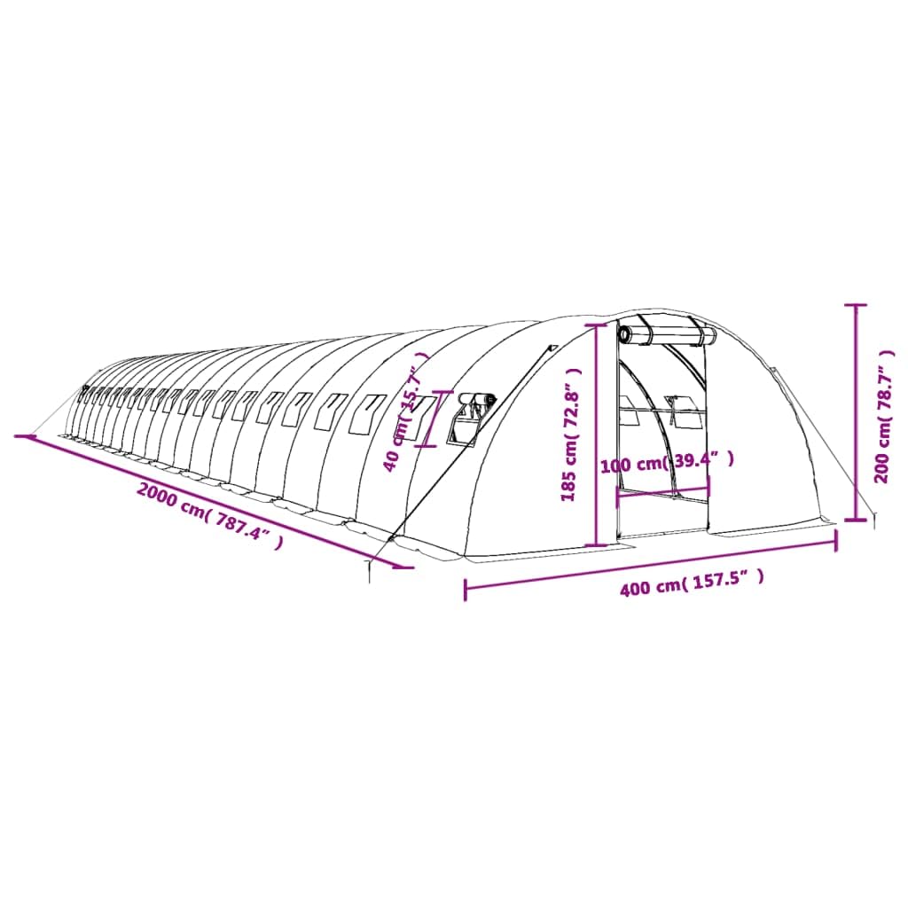 vidaXL Invernadero con Estructura de Acero, Invernáculo con Ventanas Puerta, Túnel de Cultivo, Vivero para Plantas, Verde 80 m² 20x4x2 m
