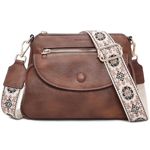 FOXLOVER Crossbody Purses for Women Triple Zip Trendy Vegan Leather Shoulder Purses with Colored Shoulder Strap