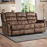 EBELLO Reclining Sofa for Living Room, Extra Wide Modern Overstuffed 3 Seat Recliner Manual Sofa Chair, Breathable Soft Fabric and Padded Seat, Brown