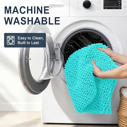Image of Smiry Thick Chenille Bathroom Runner Rugs 59x20, Absorbent Striped Bath Mat, Machine Washable, Rubber Backing, Extra Long Bath Rugs for Tub & Shower, Modern Home Decor Accessories, Teal