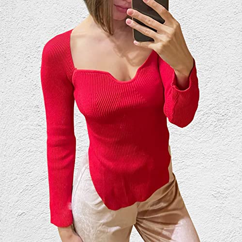 Image of Women's Square Neck Ribbed Knitted Sweater Long Sleeve Crop Slim Fitted Basic Pullover Tops