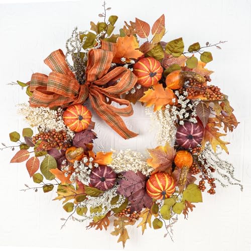 Image of 24 inch Fall Wreaths for Front Door Outside Fall Door Wreath with Pumpkin /Bow Autumn Wreath Fall Decorations for Home Decor Farmhouse Thanksgiving Harvest Halloween Outdoor Indoors Fall Front Porch