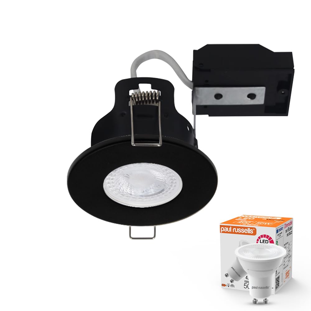 paul russells Dimmable LED Downlights Recessed Ceiling Lights, Fire Rated GU10 Spotlights Can, 65-70mm, IP65, 4.5W = 50W Equivalent, Black Bezel, Include 6500K Daylight White Bulb, 1 Pack