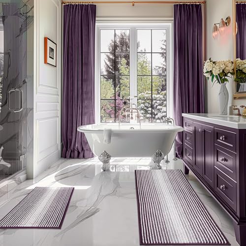 BSICPRO Bathroom Rugs and Mats Sets, 2 Piece Thick Absorbent Chenille Bath Mat Rug Set Non Slip, Soft Shaggy Bath Room Floor Mats for Bathroom, Machine Washable (Mauve Wine, 20" x 47" Plus 16" x 24")
