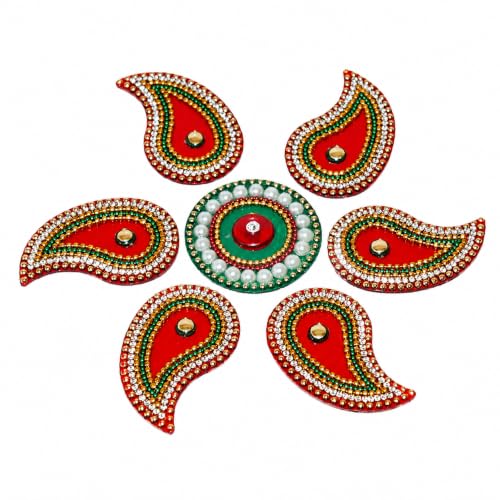 Image of Multi Designer Handcrafted Decorative Diwali Rearrangable Kundan Rangoli for Floor Decoration - 7 Piece Set