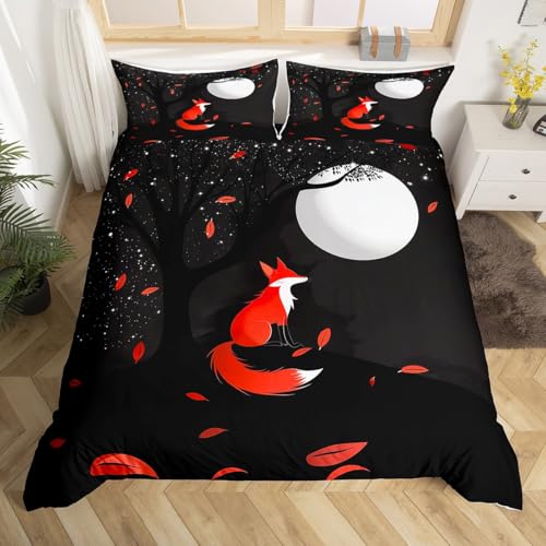 Feelyou Red Fox Bedding Set for Kids Boys Girls Cute Cartoon Fox Comforter Cover Set Full Size Moon Duvet Cover Room Decor Tree Bedspread Cover Galaxy Bedding Collection 3Pcs, No Comforter, Black