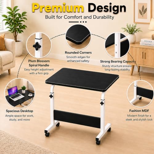 Image of Ant Esports Bravo LT400 Multipurpose Height Adjustable Laptop Table with Wheels, Rolling Computer Desk, Portable Study Table, Home Office Desk, Mobile Workstation, Black Top with White Metal Frame