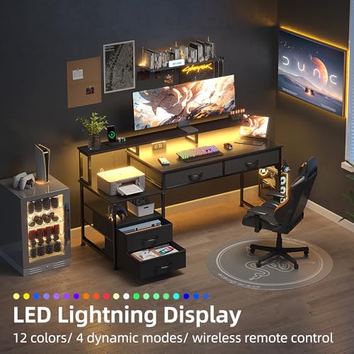 Image of MUTUN 53 inch Computer Desk with 4 Drawers & Power Outlets, Reversible Home Office Desk with Monitor Stand & Printer Stand, Gaming Desk with Led Lights, Study Writing Work Desk Table for Bedroom (Black)