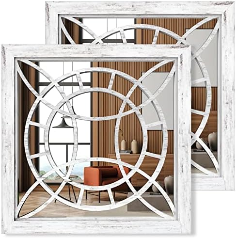 ART-GIFTREE Square Mirror Wall Decor 2PCS, Farmhouse Indoor/Outdoor Wall-mounted Mirrors 12x12 inches for Living Room, Hallway, Entryway, Garden Mirrors Outdoor for walls(Shabby Whitewashed Wood)