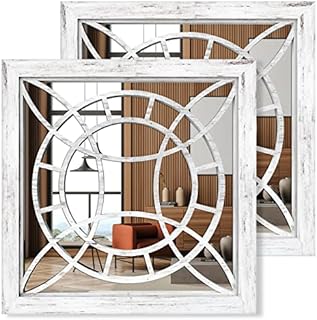 ART-GIFTREE Square Mirror Wall Decor 2PCS, Farmhouse Indoor/Outdoor Wall-mounted Mirrors 12x12 inches for Living Room, Hallway, Entryway, Garden Mirrors Outdoor for walls(Shabby Whitewashed Wood)