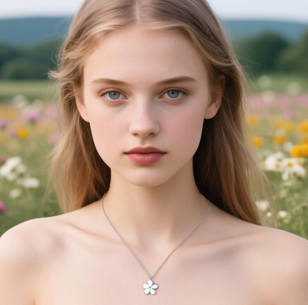 Reffeer Solid 925 Sterling Silver Daisy Flower Necklace Chain for Women Teen Girls Flower Pendant Necklace Choker