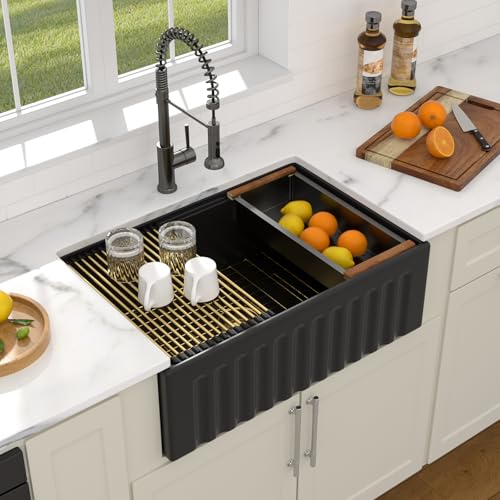 Dcolora 30 Inch Black Reversible Farmhouse Sink, Fireclay Ceramic Porcelain Workstation Sink Apron Front Single Bowl Kitchen Sink with Gold Accessories