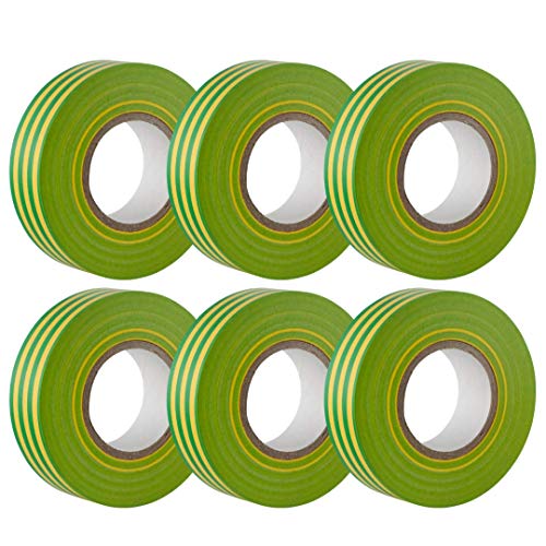 GTSE Green/Yellow (Earth) PVC Electrical Insulation Tape, 19mm x 20m, 6 Rolls of Premium Tape