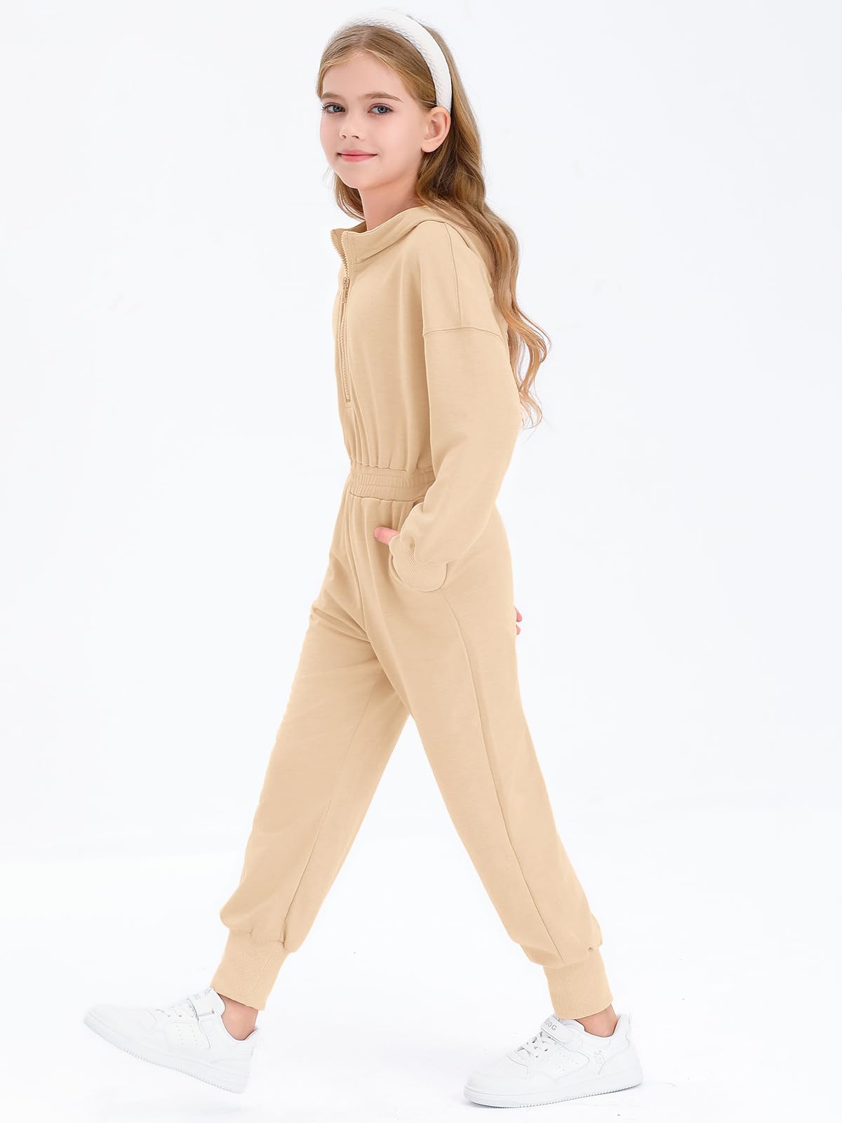 Haloumoning Lässiger Jumpsuit für Mädchen, langärmelig, mit Kapuze, Strampler, langer Einteiler mit Taschen, Größe 4–14