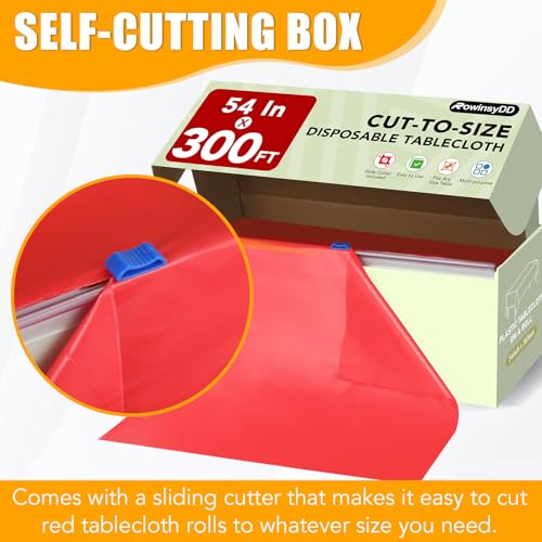 54 in X 300 FT Red Plastic Table Cover Roll with Slide Cutter, Cuts Up to 36 Rectangle 8 Feet Disposable Plastic Table Cloths, Disposable Table Cover Roll for Dinning, Parties, BBQ, Wedding, Outdoor by RowinsyDD - Image 2