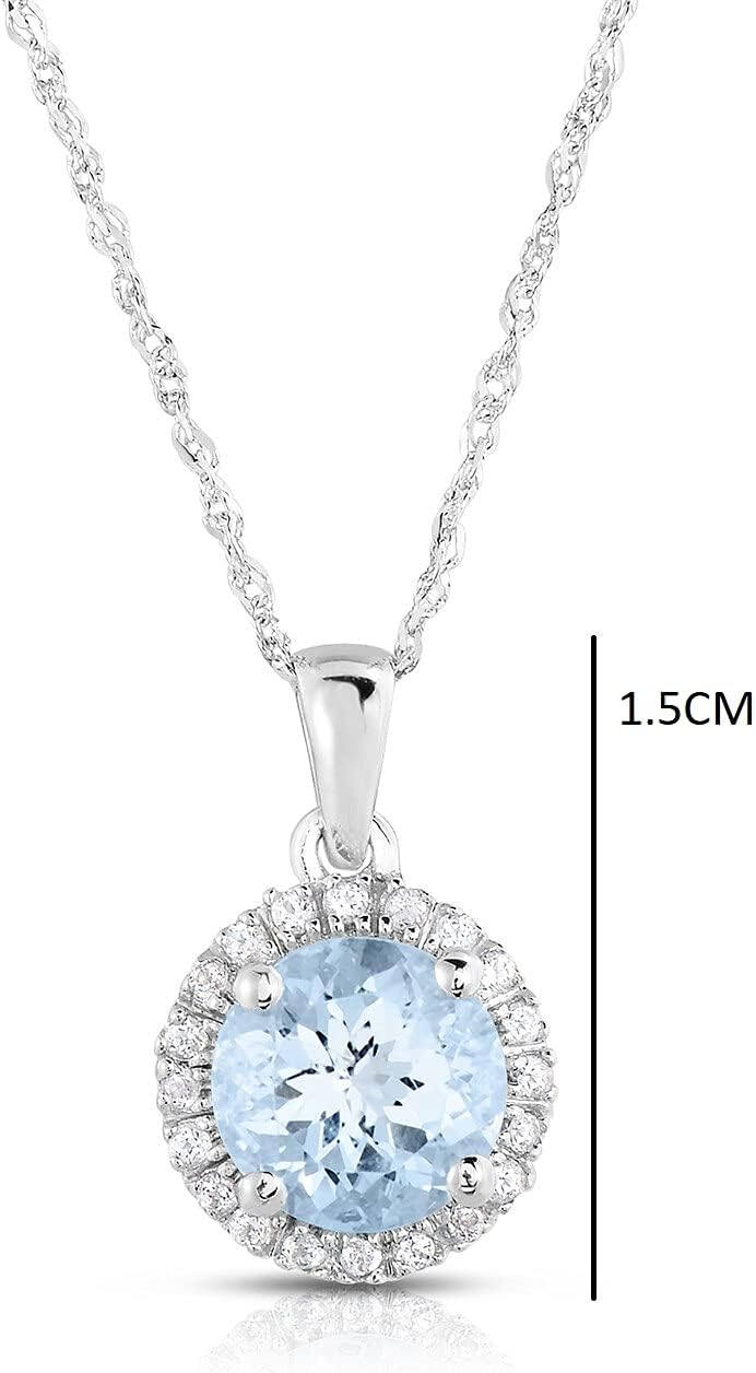 10K White Gold Genuine Aquamarine 1-1/4 Ct Halo Pendant Necklace
