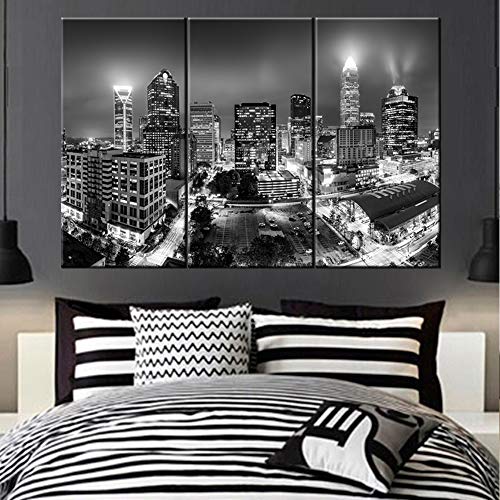 Canvas Print Wall Art Painting For Home Decor Black And White Charlotte Skyline Night Buildings Cityscape Coastline Paintings Artwork The Picture City Photo Prints On Canvas - 40‘’X20‘’X3 Panels #TOP2