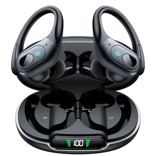 occiam Wireless Earbuds Bluetooth 90H Playback Sport Headphones with LED Charging Case Over Ear Running Ear Buds with Earhooks Workout Earphones for iOS Android,Black