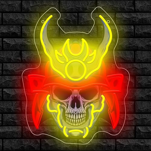 Image of Sumurai skull Neon Sign For Wall Decor, Colorful UV Printed Neon Light with Retro Design, LED Artwork for Bar, Bedroom, Game Room, Party Decoration Holiday Birthday Gifts