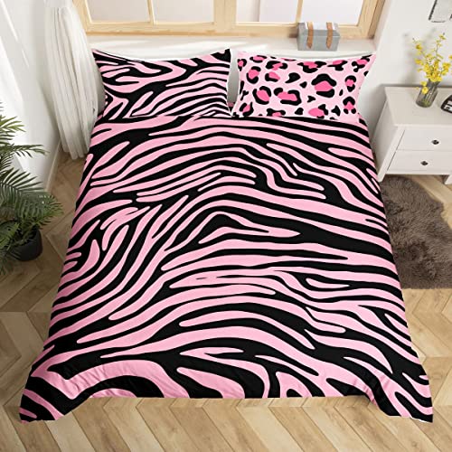 Leopard Bedding Set Zebra Stripes Comforter Cover for Kids Boys Girls Women Safari Wildlife Fur Duvet Cover Pink Black Zoo Animal Skin Texture Bedspread Cover Quilt Cover Double