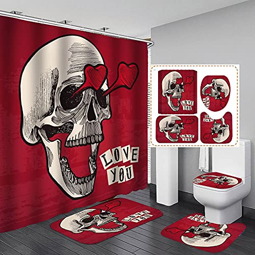 ZDDWLDL 4Pcs Duschvorhänge Set Mit Rutschfesten Teppichen,Toilettendeckel und Badematte Roter Weißer Grauer Herzschädel…