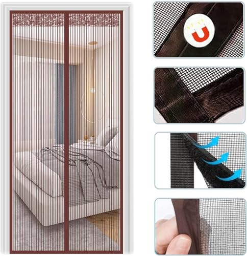 Image of Polyester Magnetic Mosquito Net Planet Theme Curtain Compatible with All Door Types & Sizes Auto-Closing Insect Screen with Self Adhesive Hook Tape (200 * 100 cm-Brown)