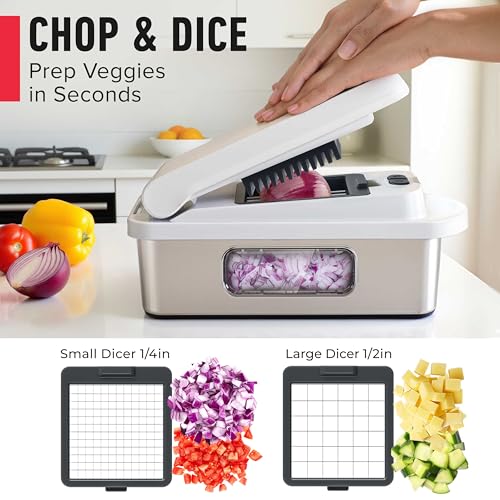 Mueller Pro-Series 10-in-1, 8 Blade Stainless Steel Multi Vegetable Chopper And Mandoline Slicer, Kitchen Accessories and Essentials, Food and Veggie Chopper, Mincer, Dicer, White Sand/Grey