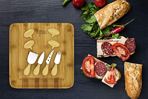 Bamboo Cheese Board and Knife Set with Cheese Markers; Including Gift Packaging & Cheese Pairing Manual, Perfect Bamboo Charcuterie Board Set For Housewarming Gift & Cheese Board Set for Gatherings
