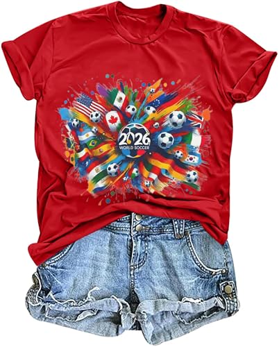 Soccer Cup 2026 Shirt for Women Country Football Graphic T-Shirt USA World Soccer Short Sleeve Shirt Red