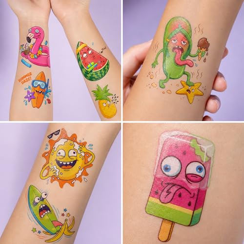 Image of 96 PCS Derpy Summer Temporary Tattoos for Kids | Funny Weird Tropical Waterproof Fake Tattoo Stickers, Silly Beach Birthday Party Favors, School Rewards Gifts for Boys Girls
