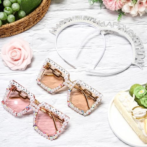 Hoteam 4 Pcs Birthday Decorations Including 2 Pcs Birthday Glasses Square Pearl Sunglasses 2 Pcs Pearl Rhinestone Birthday Headband for Women Girls Party Gifts Accessories2