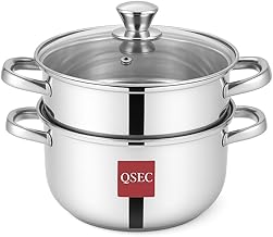 QSEC Triply bottom Stainless 2-Tier Steamer | 20 cm - 5L Glass-Lid | Double compartment Momo maker, Modak maker, Veggie Cooker | Induction & Gas Compatible | Non Toxic & No chemical coating | Healthy and hygienic cooking