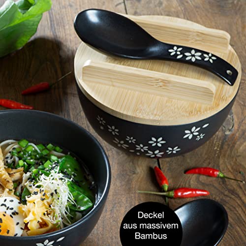 Moritz & Moritz 4x Ramen Schüssel Keramik - 600 ml - 15 cm Ø - Schwarzes Ramen Bowl Set für 4 Personen - Für Suppe, Pho und Sushi Bowl - Inkl. Stäbchen, Deckel und Löffel 5