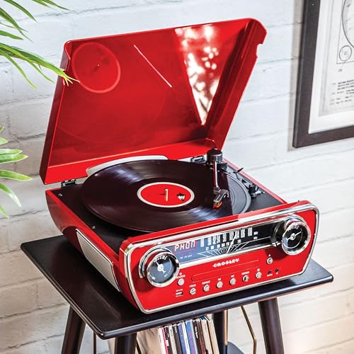 Crosley CR6047A-RE Powel 7-in-1 Bluetooth in/Out Vinyl Record Player with AM/FM Radio, CD Player, and Aux-in, Red - Les Beatles, Paul McCartney, John Lennon, RIngo Starr, George Harrison Crosley CR6047A-RE Powel 7-in-1 Bluetooth in/Out Vinyl Record Player with AM/FM Radio, CD Player, and Aux-in, Red – Image 6